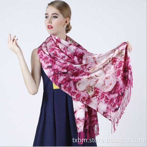 wholesales fashion 175cm double side rose 100% long silk brushed scarf for women